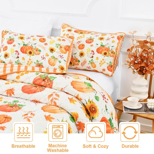3 Pieces Fall Quilts Queen Size, Pumpkin Quilt Bedding Set with 2 Pillow Sham... - Picture 4 of 8