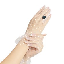 White Polka Dot Gloves, Short Lace Pearl Bridal Gloves, Wedding Opera Tea Par...