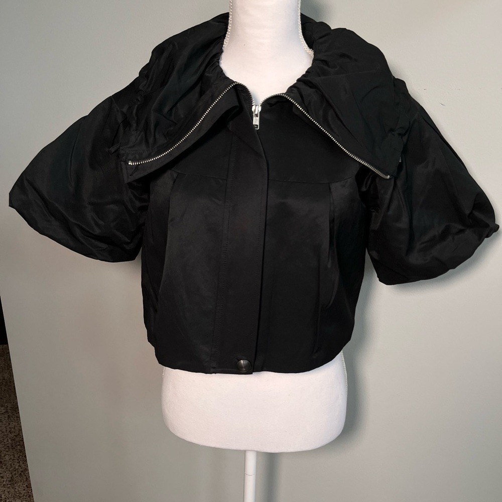 ELLE Black Cropped Puff Sleeve Jacket Oversized Ruched Collar Small RN73277
