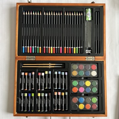 80-Piece  Art Set w/ Wooden Case   Pencils, Pastels, Paints, Brushes, 24 Sheets
