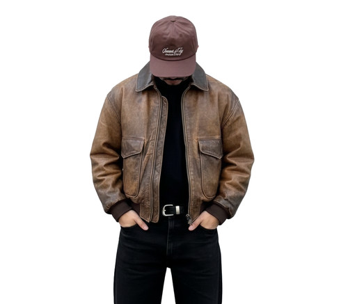 Men's Vintage Distressed Brown Leather Jacket – Retro 90s Aviator Style for Men - Image 1
