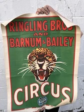 Antique 1950s RINGLING BROS BARNUM & BAILEY Circus POSTER Tiger Head Green Red
