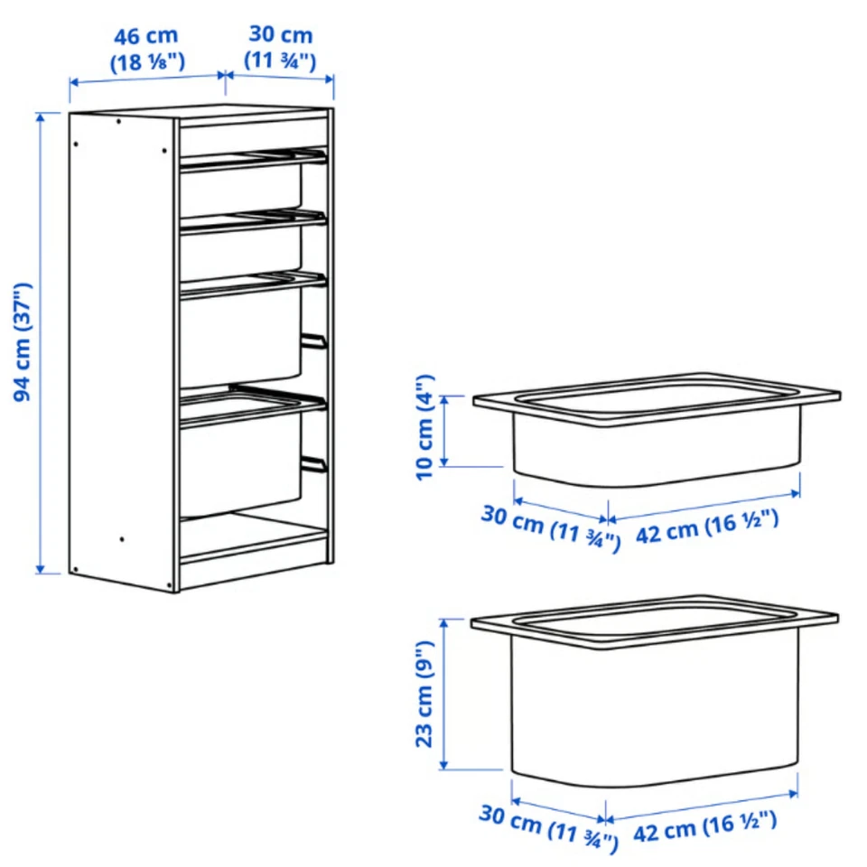 TROFAST Combinación Almacenamiento con Cajas, Blanco/Blanco, 18 1/8x11 3/4x37" Foto 2 de 4