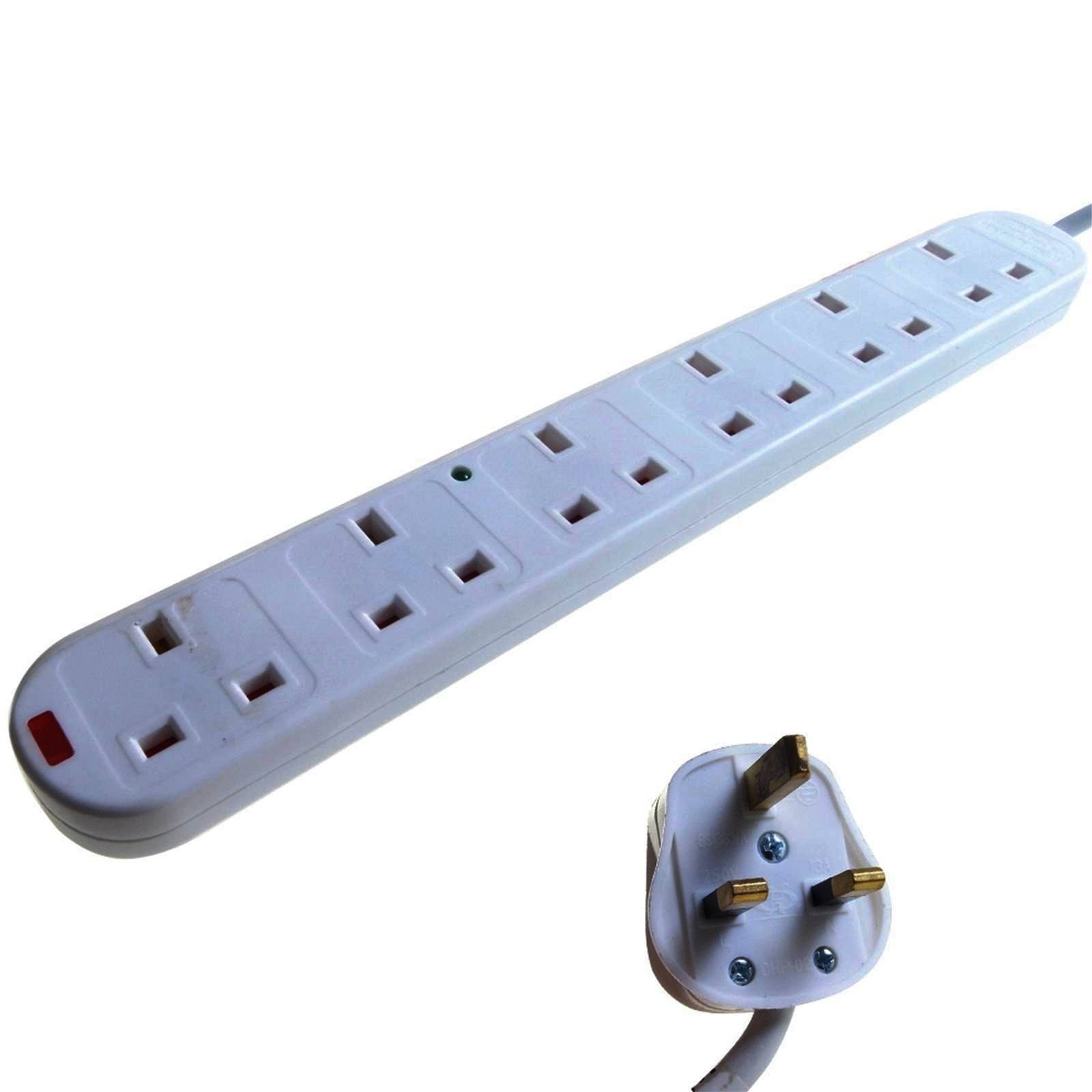 6 Way Extension Lead with 3 Pin UK Plug with Surge Protection -  2 Metres