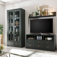 Wohnzimmer Anbauwand Landhausstil GrüN Wohnwand Schrankwand Lowboard Vitrine Led