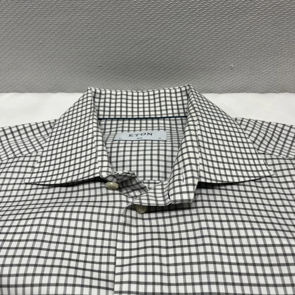 Camisa social Eton Slim Fit 16 41 botões cinza xadrez branco trabalho casual - Imagem 2 de 4