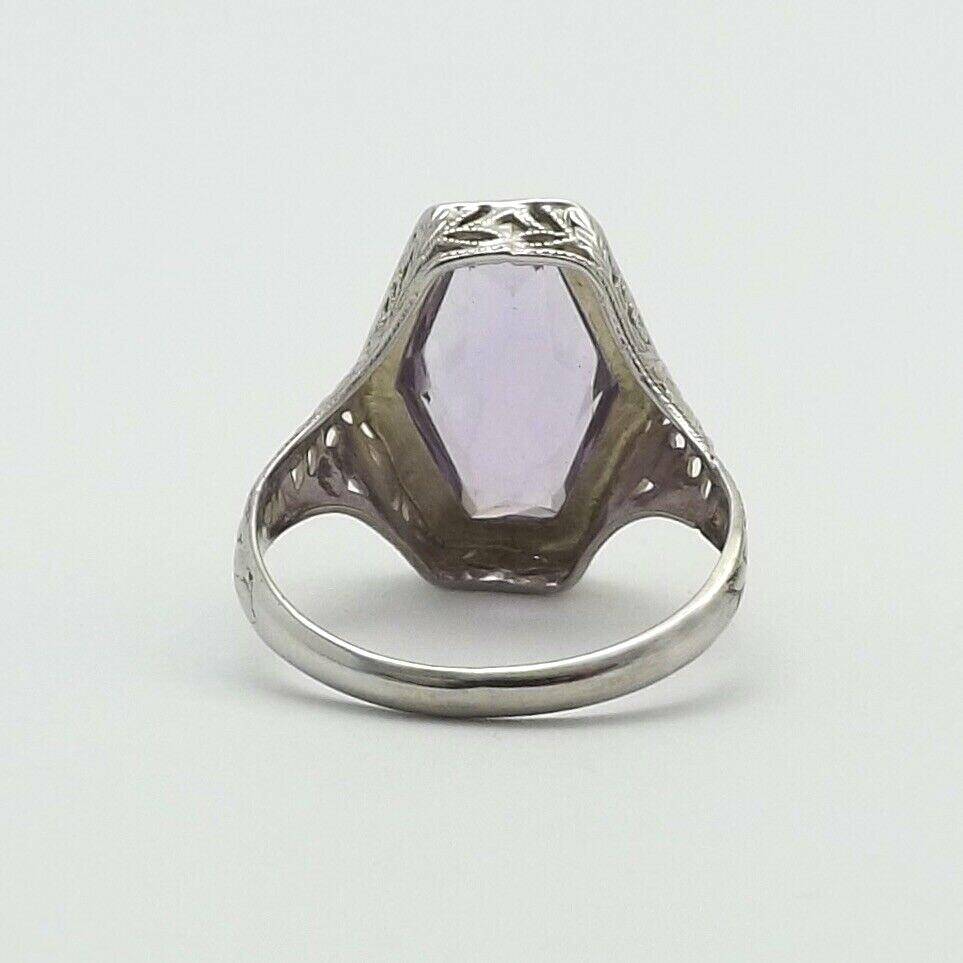 Silvershake Art Deco 3-Stone Amethyst Ring - 925 Sterling Silver, White Gold Plated, Size 6