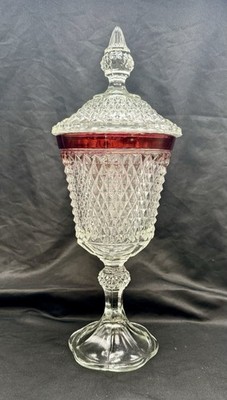 Indiana Glass Ruby Diamond Point Covered Compote Candy Dish 16 In Tall MCM