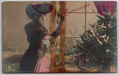 c1906 Postcard Bonne Annee Christmas Tree Snow Windmill Scene Toys STAINING