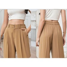 Drapped Wide Leg Trousers Women High Waist Pleated Polyester Casual Style