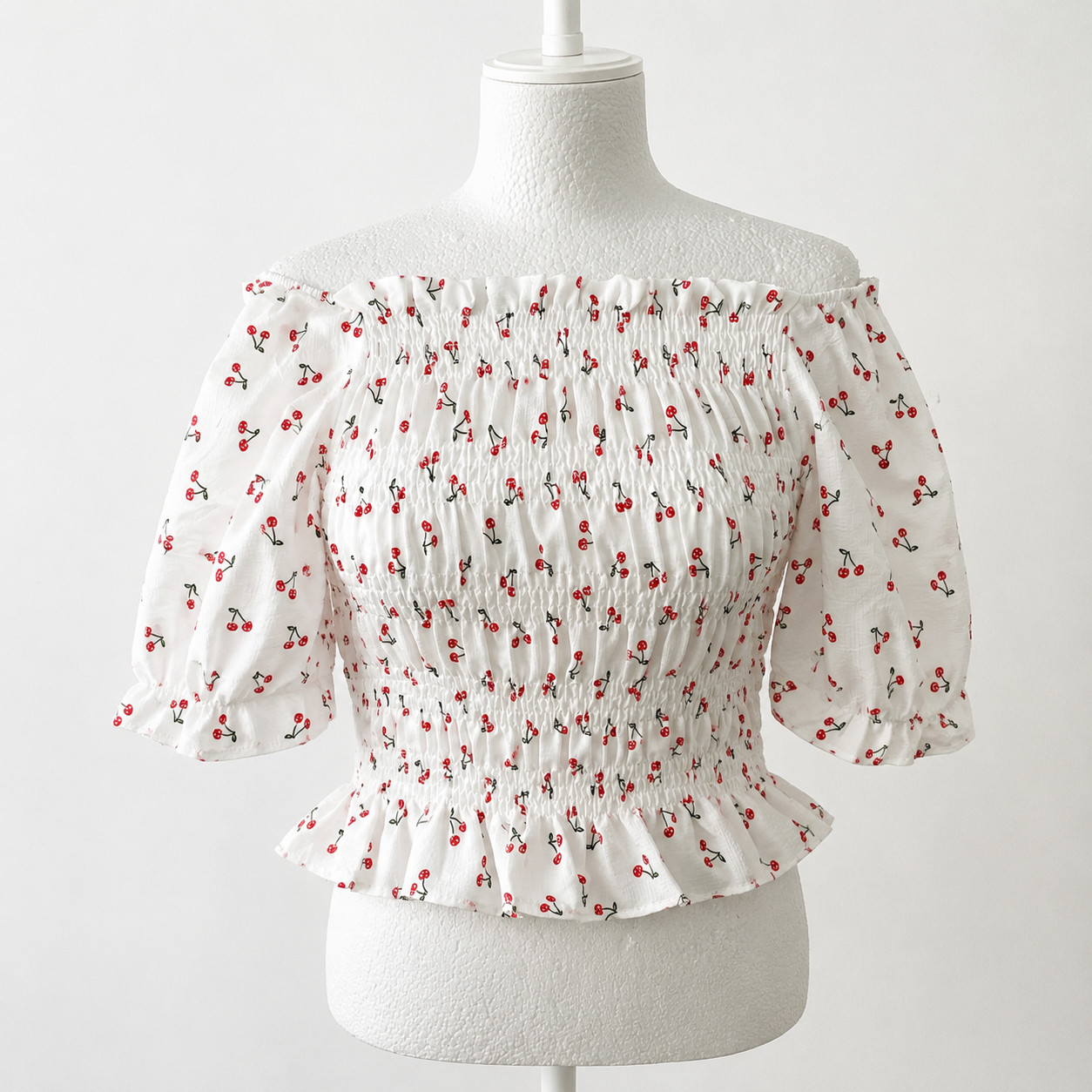 QED London Cherry Print Shirred Crop Top BNWT Size M Off Shoulder Milkmaid Y2K