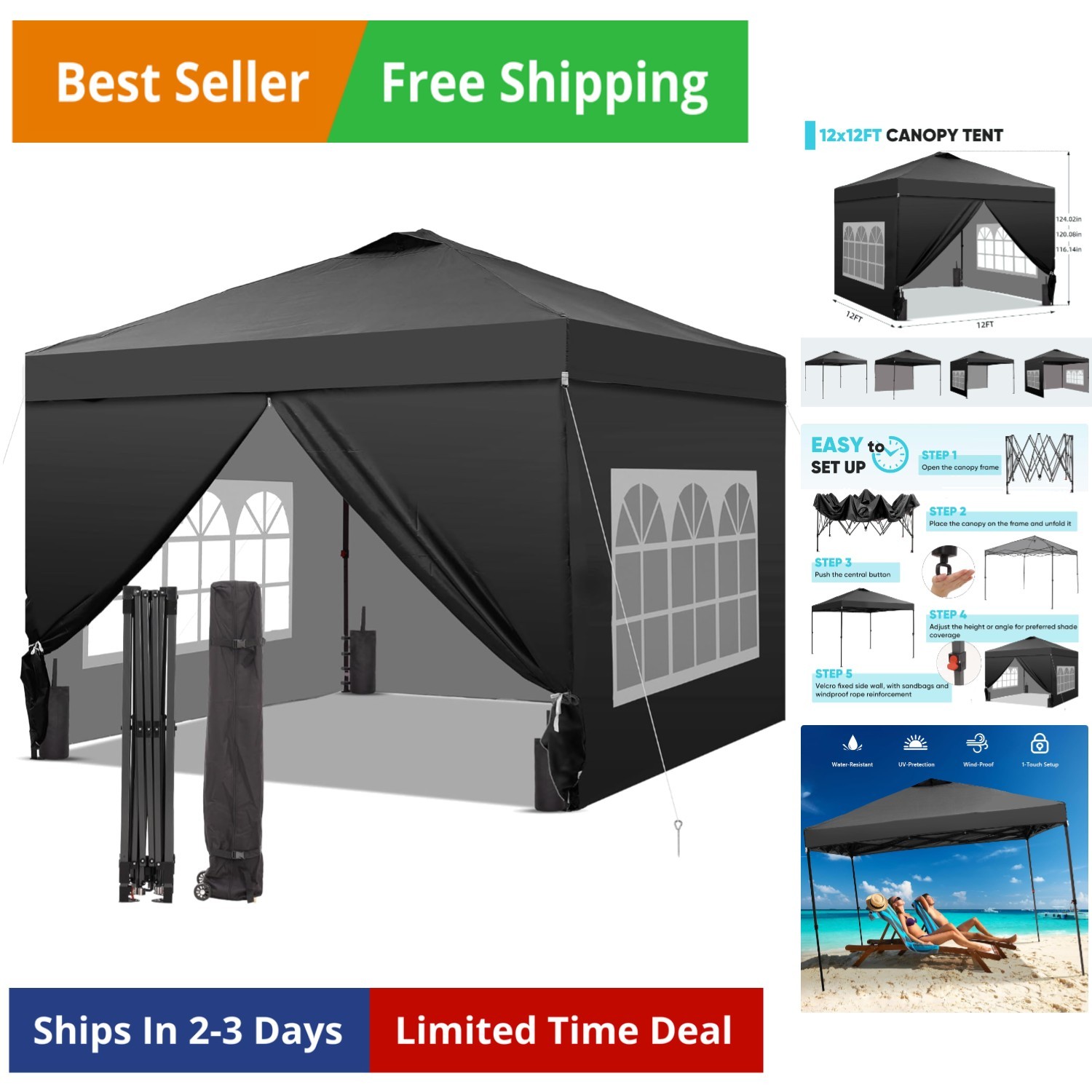 Tent With 4 Sidewalls, Easy Set Up With One Push Lift Gaz...