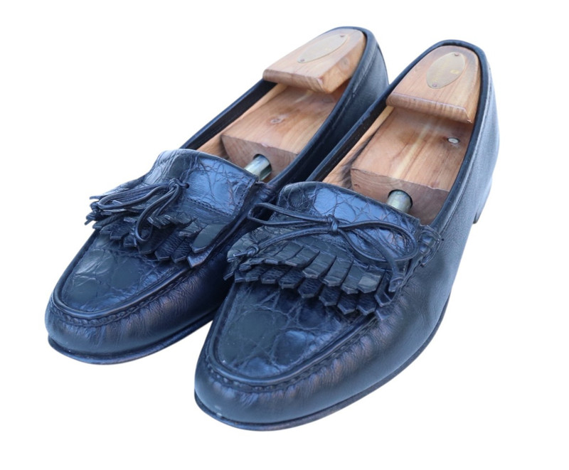 Salvatore Ferragamo Black Leather Croc Toe Tassel Loafer Slip On Dress Shoe 9B
