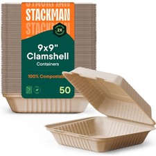 Stack Man 100 Compostable To Go Containers 9X9 Clamshell Take Out Food