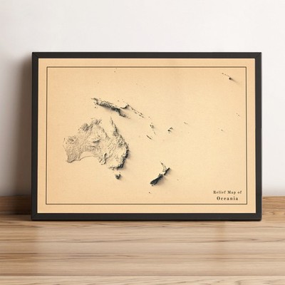 Oceania Map, Oceania 2D Relief Map, Oceania Vintage Map - 2D Flat Print