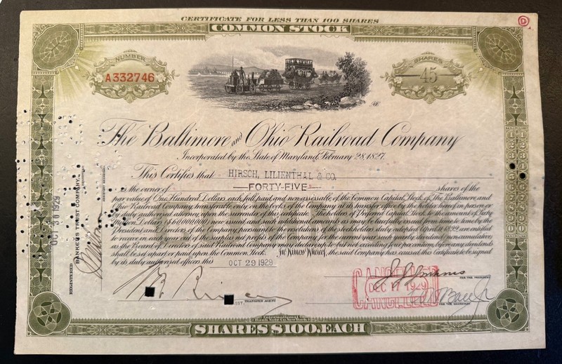 Baltimore & Ohio Railroad Co stock certificate ISSUED OCTOBER 29, 1929!