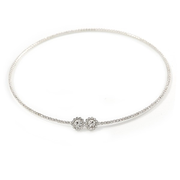 Delicate Clear Austrian Crystals Slim Flex Choker Necklace In Rhodium Plating