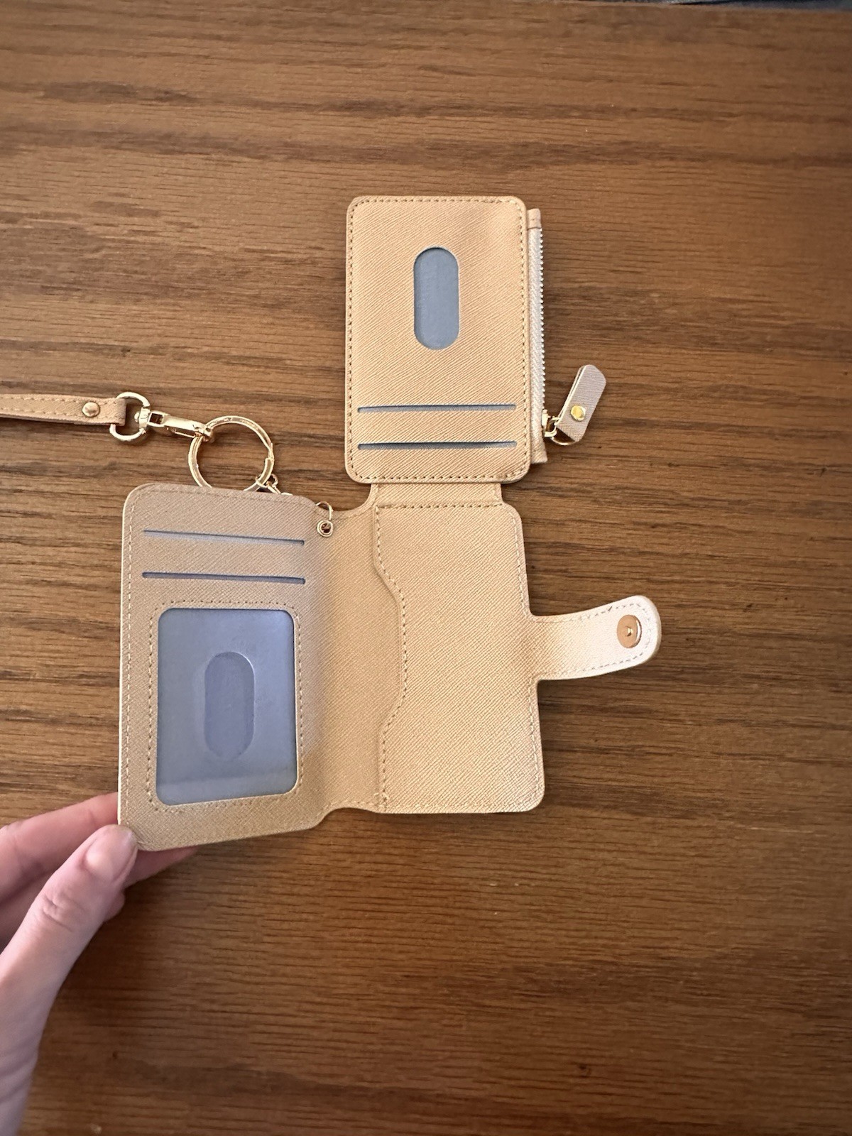 Beige Zip-Around Wallet Women's Wrist Strap Folding Credit Card Solid Pattern