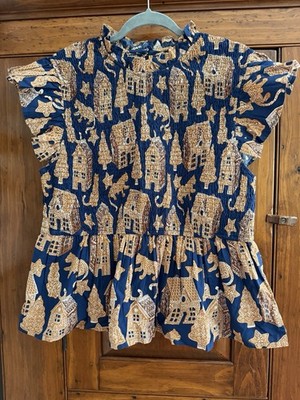 Printfresh Gingerbread Ruffle Cotton Top Classic Navy Plus 1X