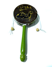 Wooden Handmade Pellet Drum Rattle Toy Green Handle Folk Musical Instrument 8.5"