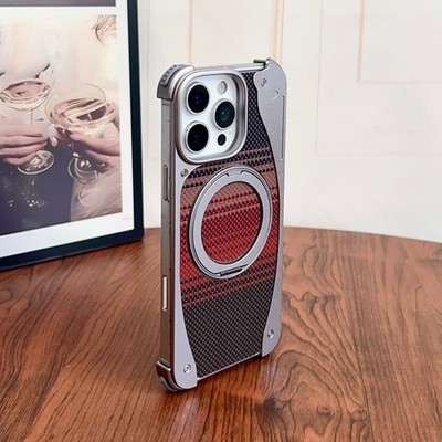 Magnetic Metal Carbon Fiber Frameless Bumper Stand Case For iPhone 16 15 Pro Max