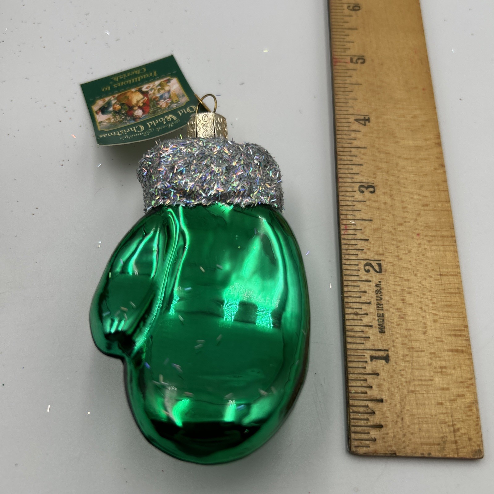Old World Christmas Green Christmas Mitten Hand Blown Christmas Ornament