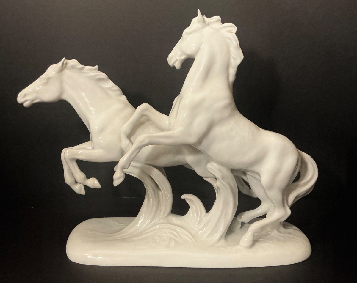 RARE Royal Dux White Porcelain Figurine Two Horses Signed Pre WWII