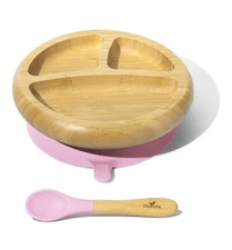 Avanchy Baby Plate Divided Bamboo Toddler Food with Silicone Spoon - Pink