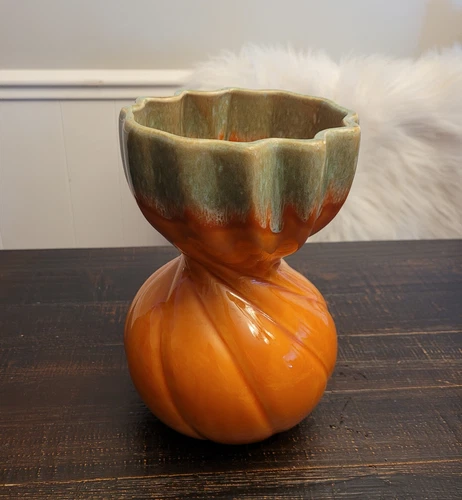 Hull Pottery Mid Century 808 Orange And Green Drip Twist