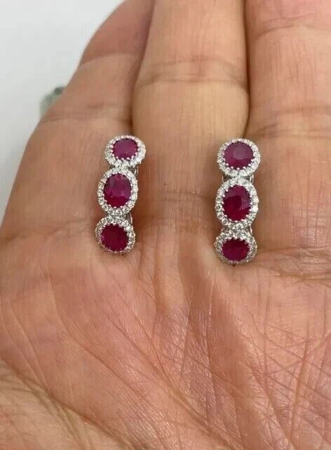 2Ct Oval Lab Created Red Ruby Women's Huggie Hoop Earrings 14K White Gold Plated - Image 4 of 4