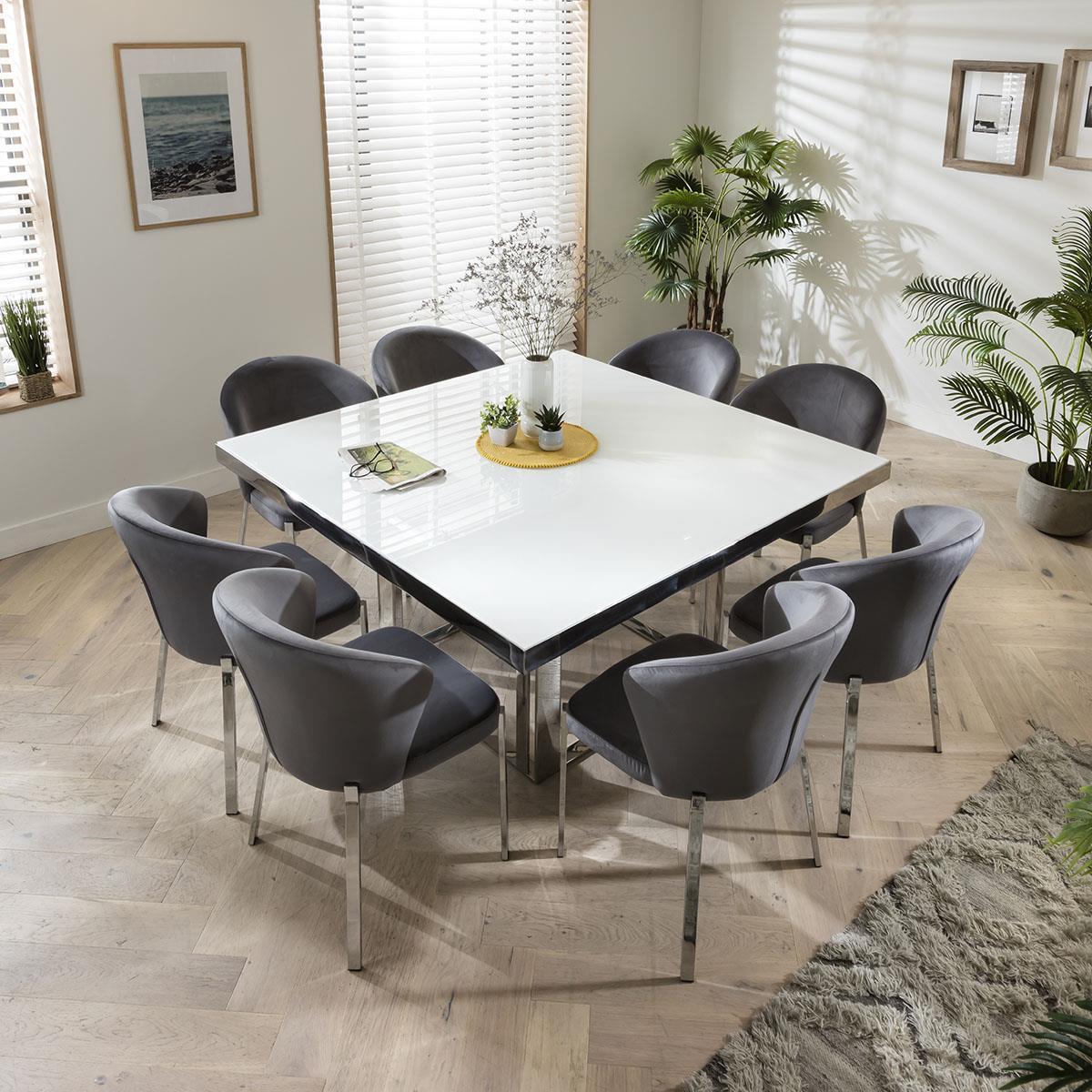 White Glass Top Dining Table Luxury Grey Velvet Chairs