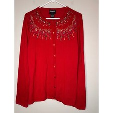 2000s Designers Originals Bright Red Christmas Beaded Sparkle Gems Cardigan XL