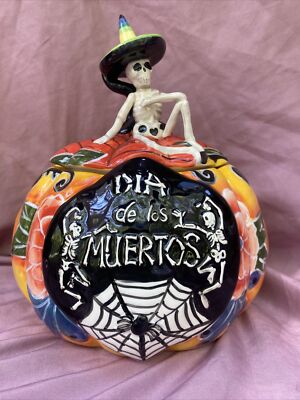 Blue Sky Clayworks 20698 Talavara Skeleton Pumpkin Figurine Cookie Jar