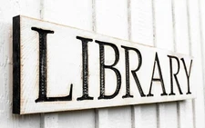 Library - Carved in a Solid Wood Board Rustic Distressed Farmhouse Style 
