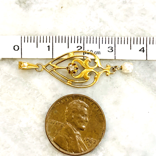 ANTIKER viktorianischer 10K Gelbgold Anhänger Old Mine Diamant natürliche Perle 0,89gr 35mm - Bild 4 von 11