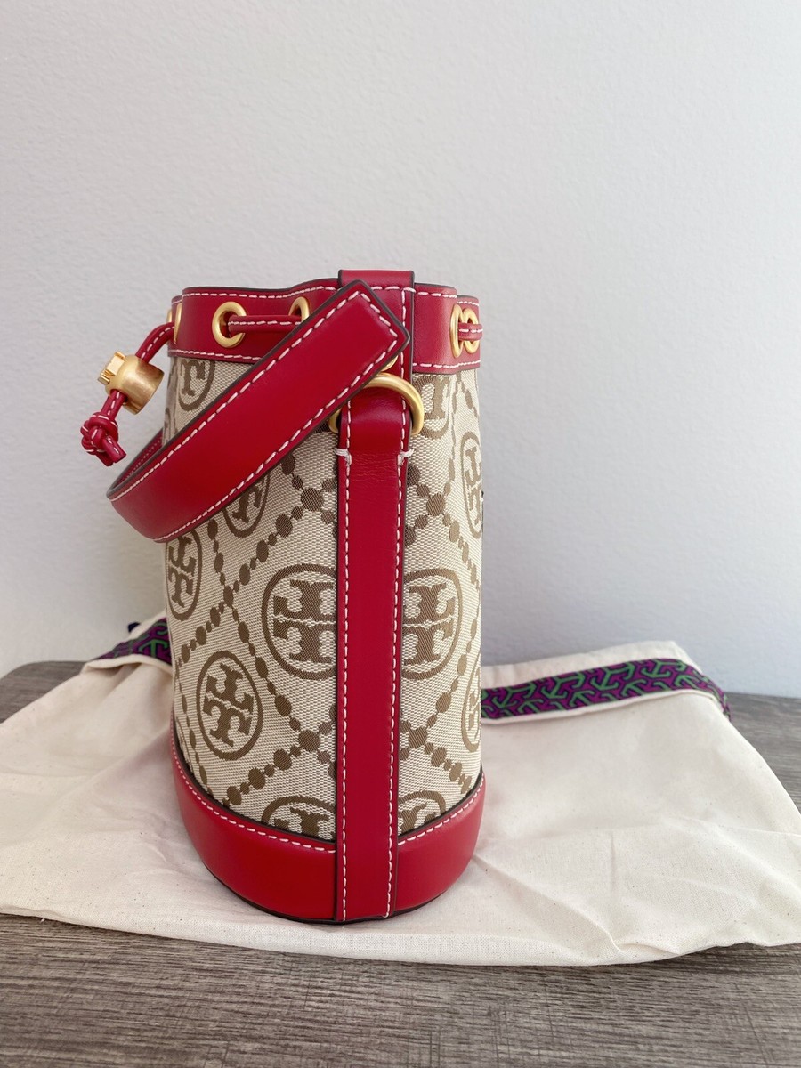 NWT Tory Burch 84336 T Monogram Jacquard Bucket Bag Hazelnut/Tory Red