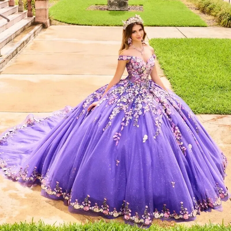 Princess Purple Quinceanera Dress Luxury 3D Flower Prom Ball Gowns