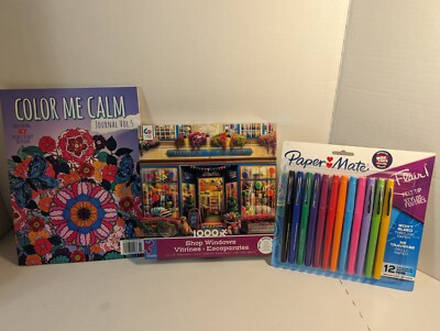 Color Me Calm Journal Coloring Book Bundle With Felt Pens &  1000 Puzzle Book