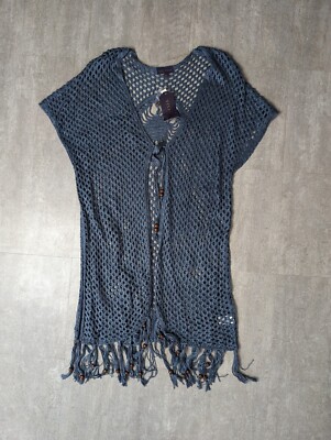 Artesia Women Size XL Crochet Long Cardigan Short Sleeve Tassel Fringe Boho Blue