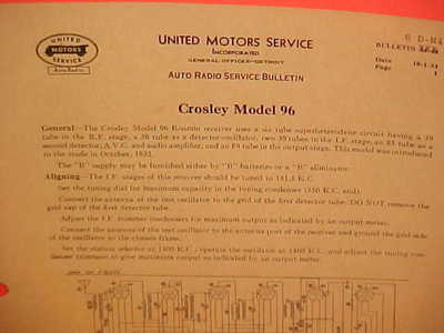 #ad 1933 UNITED MOTORS DELCO CROSLEY MODEL 96 ROAMIO RADIO SERVICE MANUAL BULLETIN $20.99