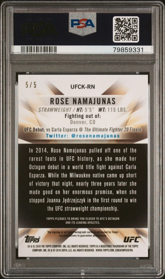 ROSE NAMAJUNAS 2018 TOPPS UFC CHROME UFC KO AUTO REFRACTOR RN /5 PSA 9 POP 1 - Image 2 of 2