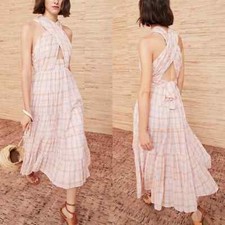 ULLA JOHNSON Noelle Crossover Halter Back-Tie Midi Plaid Dress NEW US Size 10