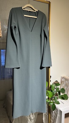 Zara Flared Sleeve Lagenlook Midi Dress Sz S Green V Neck Stretch Back Slit  Boho | eBay