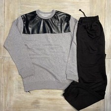 Mens Tracksuit Black Medium Sweatshirt  Joggers PU Detail RRP  60 King Kouture