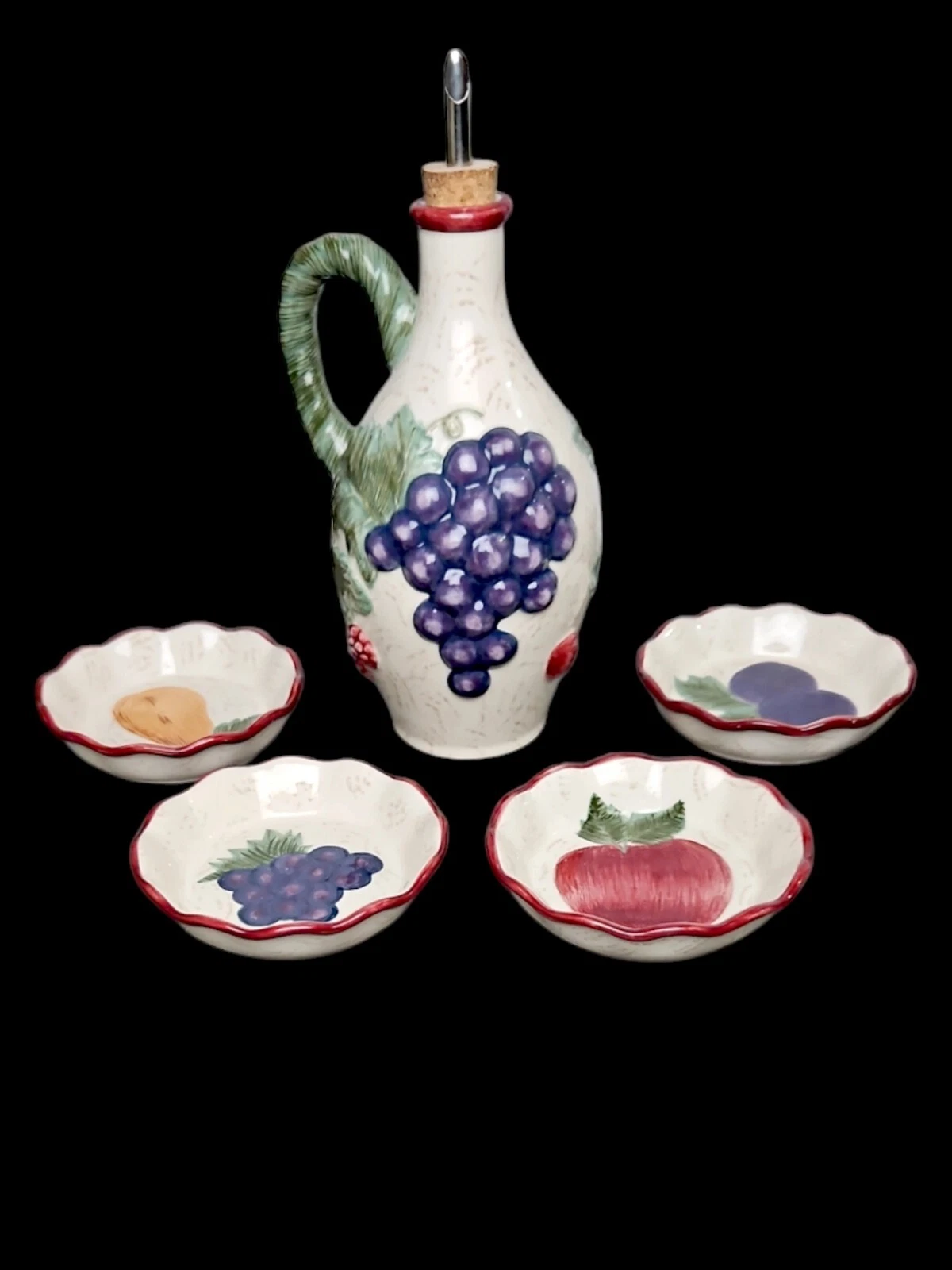 Napa Valley Oil Dipping Set~Cruet & 4 Dip Dishes~Hand Painted~Noble Excellence