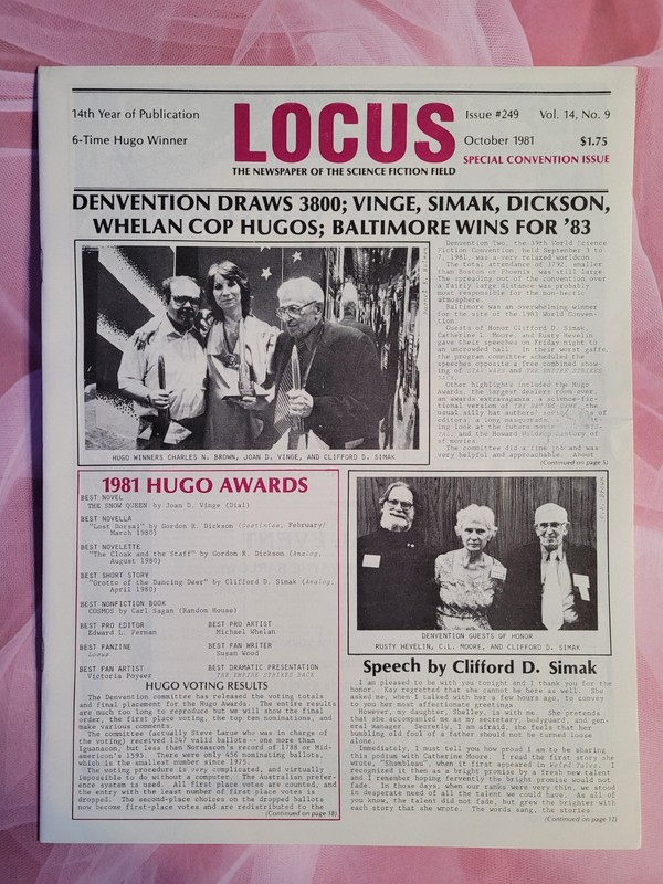 Locus #249- October 1981, Science Fiction, DenVention, Simak, Vinge, VG/FN!