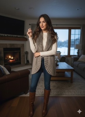 Kenar M Brown Faux Fur Trim Full Zip Cable Knit Vest Sweater Boho Lagenlook