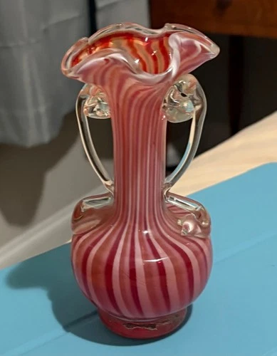 Vintage Murano Art Glass Vase Candy Stripe Double Handle Pontil Red White 6”