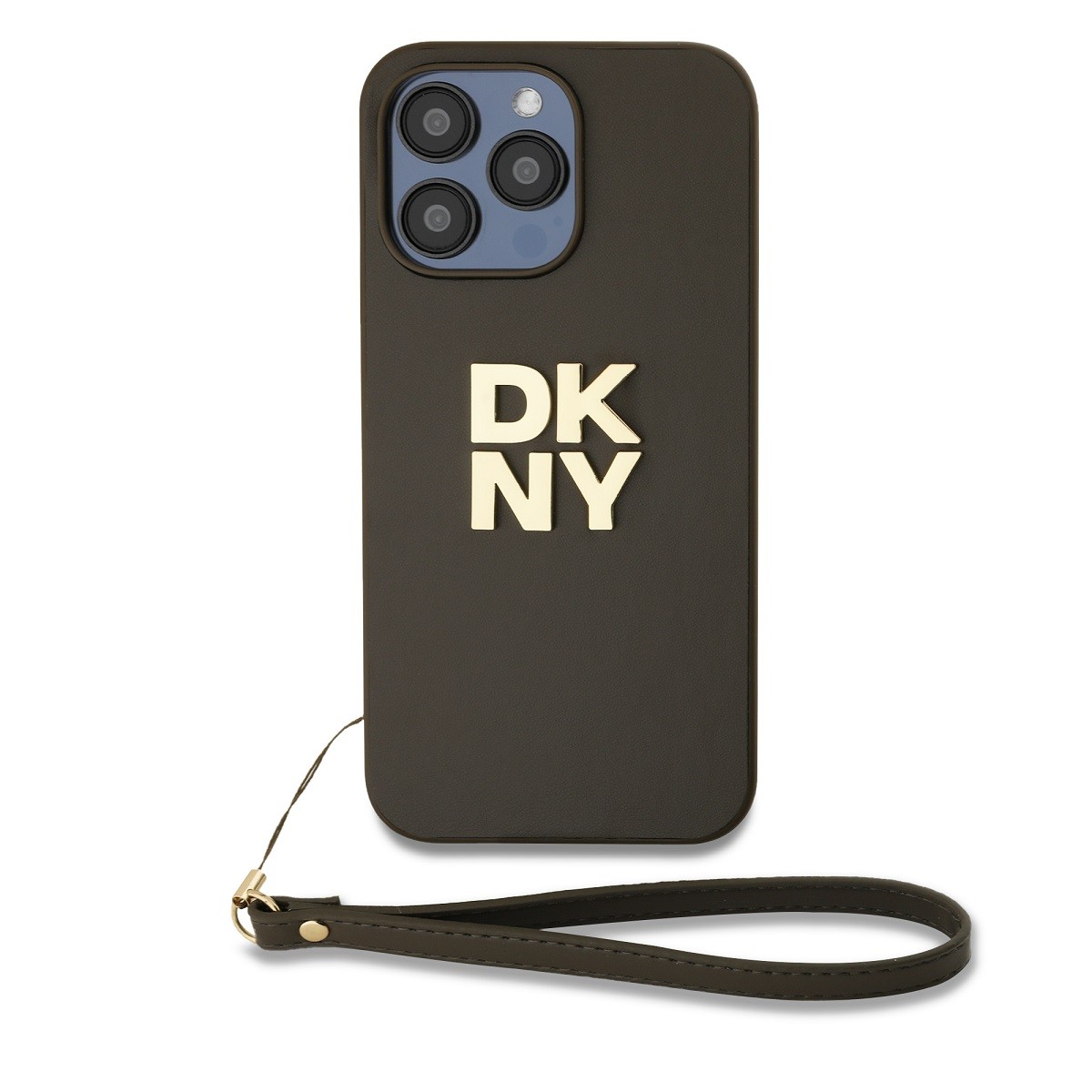 Coque iPhone 14 Pro DKNY marron anti-chute avec bracelet de sécurité en cuir