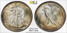 1945 50C PCGS MS67+ CAC Rainbow Toned Walking Liberty Half Dollar 55970334